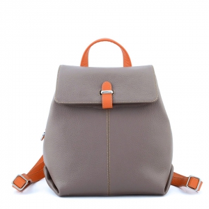 Ester-italian leather small backpack for women in taupe blue color with orange trims-Sku 2867