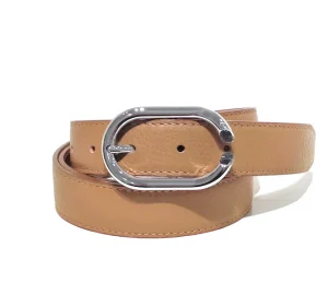 Women’s leather belt, 3 cm wide, oval silver buckle, handmade in Italy for casual and formal pants.