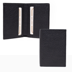 Pebbled leather bifold card holder wallet, open and closed in black color