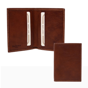 Full grain leather bifold card holder wallet, open and closed in tan brown color