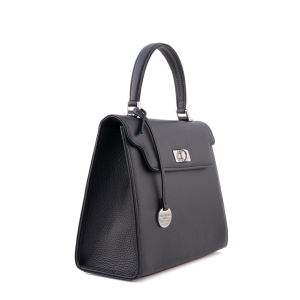 Side view of Anna 26 black Italian top handle leather bag