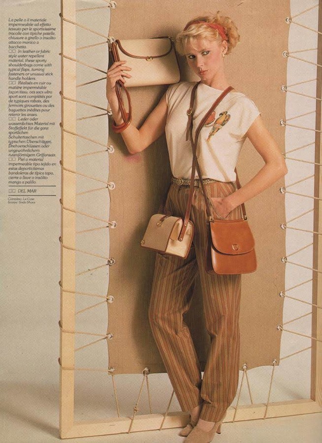 80's advertising poster of model wearing bags