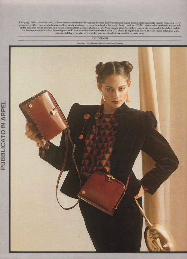 1980s advertising poster of a model wearing bags