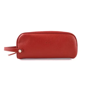 Personalized red leather toiletry bag with engraved initials