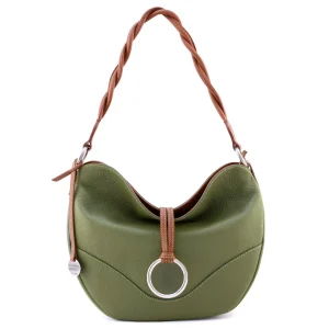 Small hobo bag, handmade Italian leather bags for women, green color with brown trims - Alba-Sku 2277