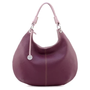 Soft leather hobo bag in plum color with pink trims - Moon-Sku 2531