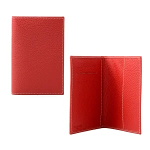 Handcrafted leather passport holder in cherry red calf pebbled leather with card slots, made in Italy